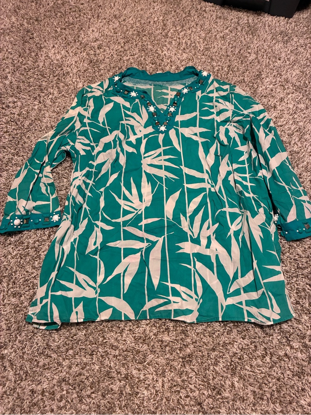 JM Collection Teal and Cream Leaf-Print Tunic with Embellished V-Neck